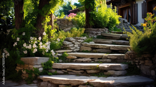 Stone steps to traditional house. Generative AI