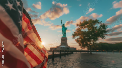 The flag is waving in the wind, and the sun is setting in the background