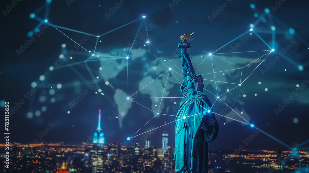 The Statue of Liberty at night, overlaid with a digital USA map of lines and dots, freedom cloud technology connection concept. The Statue of Liberty at night, overlaid with a digital USA map of lines and dots, freedom cloud technology connection concept.