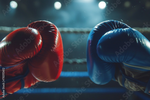Dramatic portrayal of a red boxing glove versus a blue boxing glove.