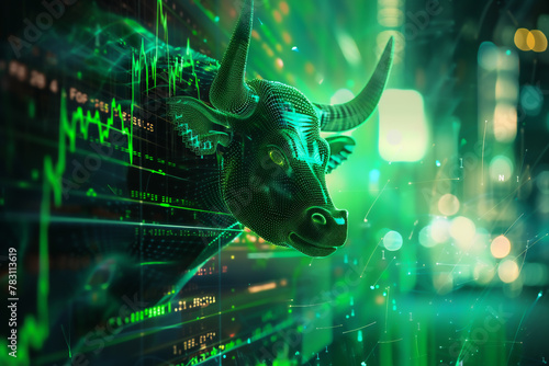 An intricate depiction of a digital bull positioned over an ascending stock graph highlighted by a vivid green arrow. © Rattanachat