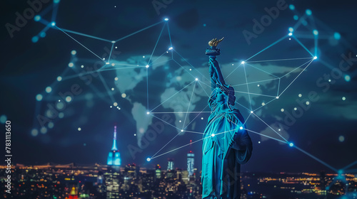 The Statue of Liberty at night, overlaid with a digital USA map of lines and dots, freedom cloud technology connection concept.