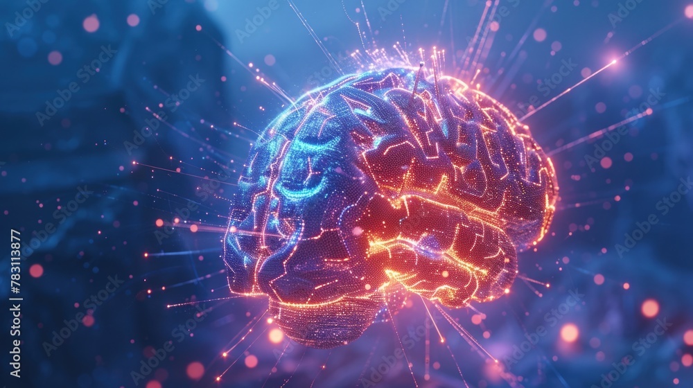 Fototapeta premium Digital human brain with glowing data lines, artificial intelligence concept, 3D rendering.