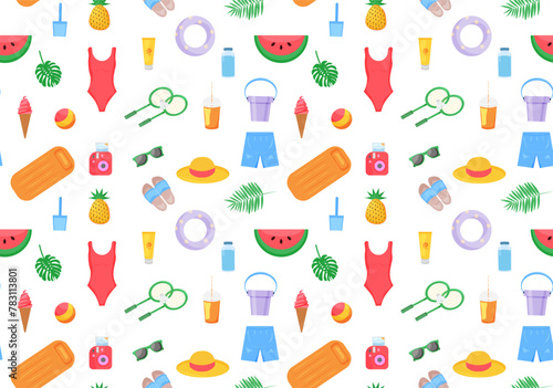 Seamless pattern of summer elements on transparent background. Beach  recreation  summertime  wrapping  backdrop. Vector illustration.