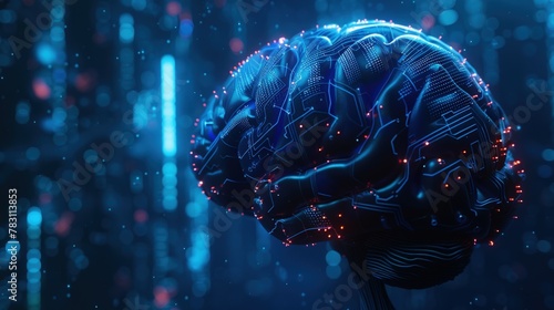 Digital human brain with glowing data lines, artificial intelligence concept, 3D rendering. #783113853