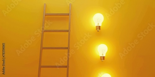 Light bulbs with ladder, concept of idea, creativity and success, yellow background.