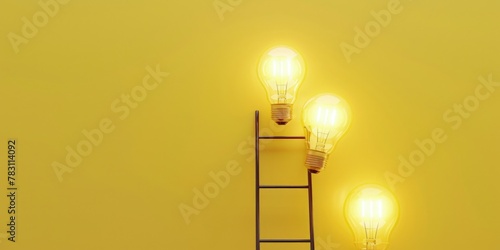 Light bulbs with ladder, concept of idea, creativity and success, yellow background.