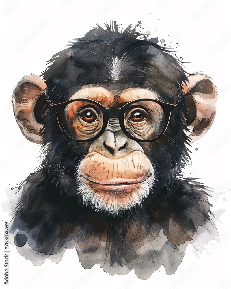 A cute watercolor painting of a chimpanzee monkey wearing horn-rimmed glasses.