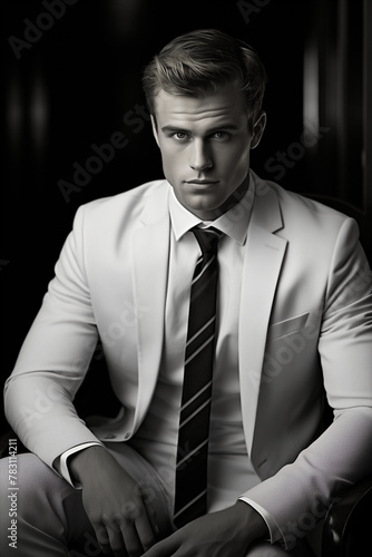 Black and white portrait of handsome man wearing suit