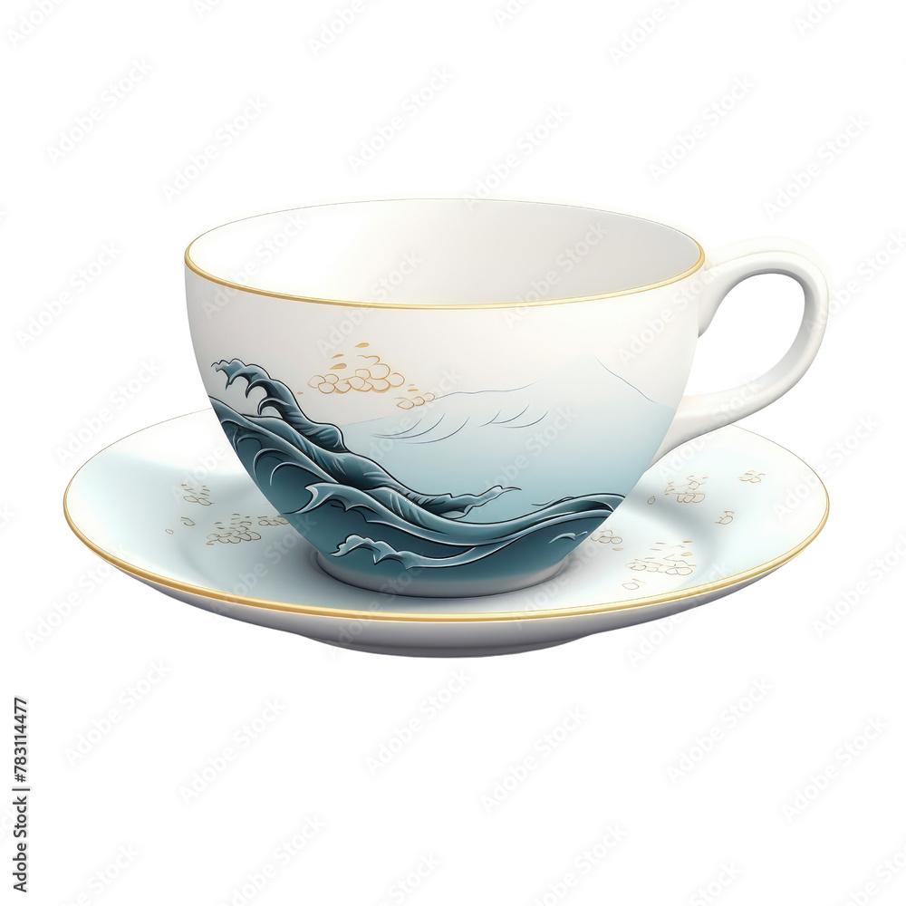 Elegant Porcelain Teacup and Saucer with Blue Wave Design, Highlighting the Concept of Traditional Craftsmanship and Tea Culture. Elegant Porcelain Teacup and Saucer with Blue Wave Design, Highlighting the Concept of Traditional Craftsmanship and Tea Culture.