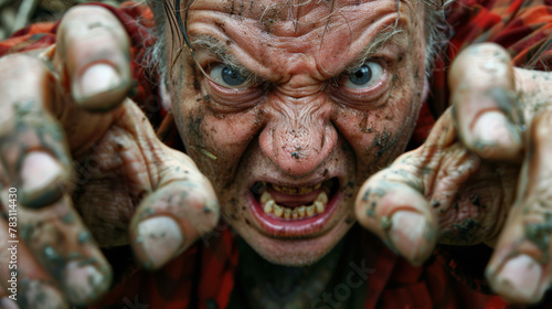 A man with a dirty face and hands is making a scary face. Scene is creepy and unsettling photo