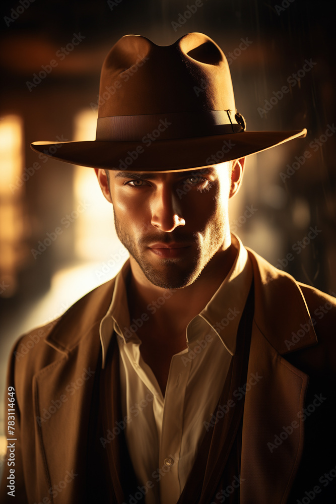 Handsome cowboy with beard and hat looking at camera