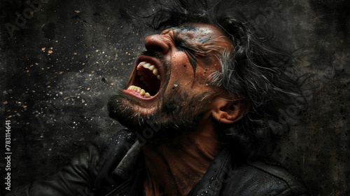 A man with a black leather jacket and a black beard is screaming. He has a mouth full of teeth and is covered in black paint. The image has a dark and intense mood photo