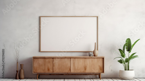 Rustic wooden sideboard near stucco wall with blank mockup poster frame with copy space. Boho interior design of modern living room. Generative AI