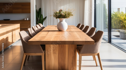 Chairs at wooden dining table. Interior design of modern dining room with natural wood furniture. Generative AI