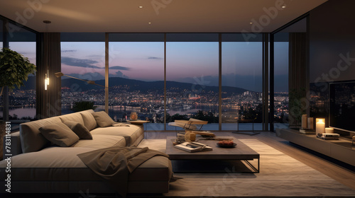 Minimalist apartment with city view. Interior design of modern living room. Generative AI © Fang