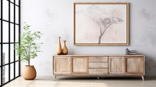 Wooden distressed cabinet and art poster on white wall. Interior design of modern living room. Generative AI