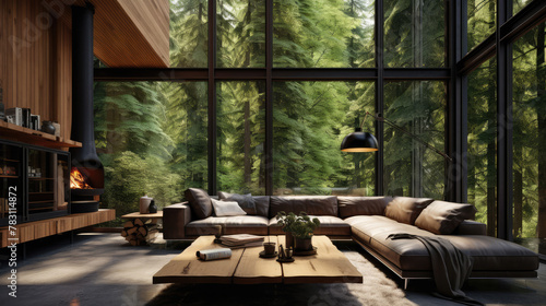 Interior design of modern living room in wooden house among the trees. Generative AI