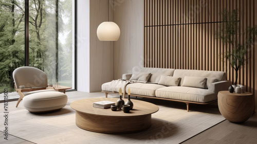 Round shaped sofa and armchair near ellipse wooden coffee table. Japandi interior design of modern living room. Generative AI