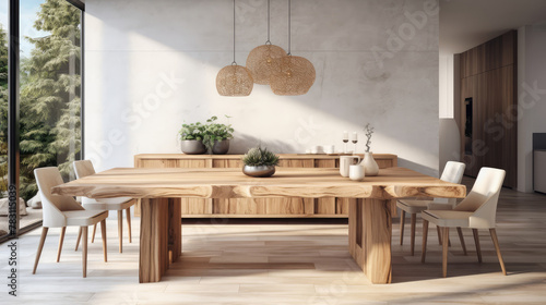 Hand crafted natural wood dining table and chairs. Scandinavian home interior design of modern living room Generative AI