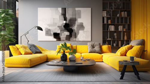 Suprematism style interior design of modern living room with yellow sofa. Generative AI photo