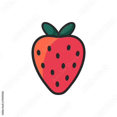 Strawberry vector icon. Stylized red berry with green leaf on white background.