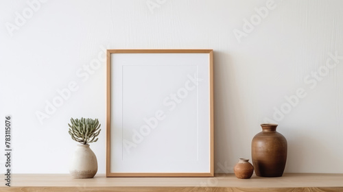 Vertical empty mock up poster frame on wooden shelf. Interior design of modern living room with white wall and home decor pieces. Generative AI