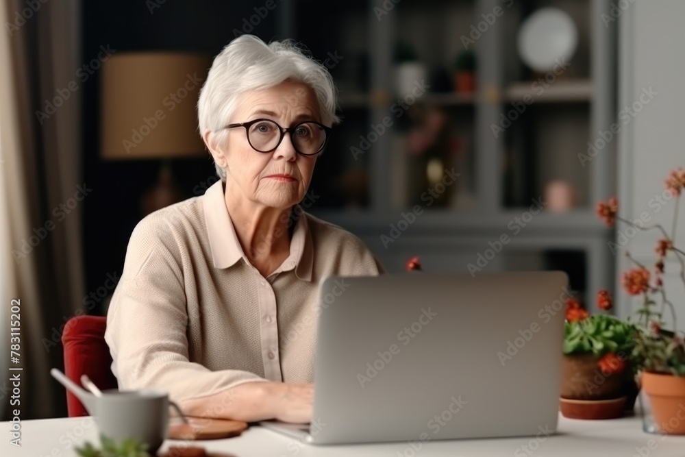 Senior woman with glasses concentrating on a laptop screen in a cozy home environment. Elderly Woman Focused on Laptop at Home Senior woman with glasses concentrating on a laptop screen in a cozy home environment. Elderly Woman Focused on Laptop at Home