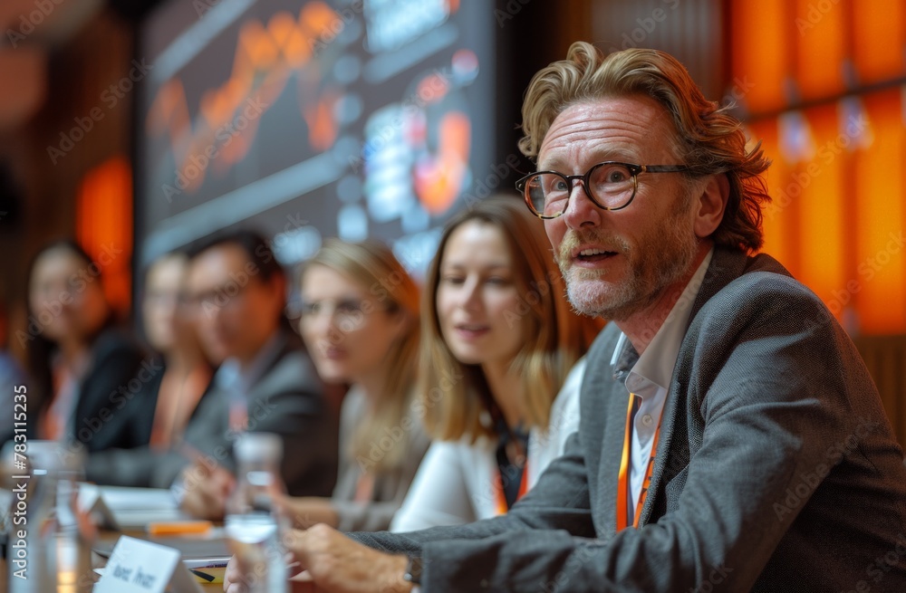 A focused man with glasses speaks at a business conference with attentive participants in the background A focused man with glasses speaks at a business conference with attentive participants in the background