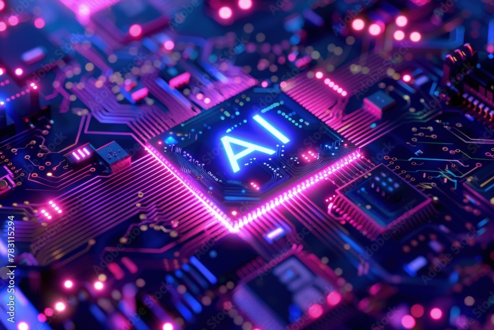 Circuit board with chip with word AI, concept of artificial intelligence and technology. - obrazy, fototapety, plakaty 