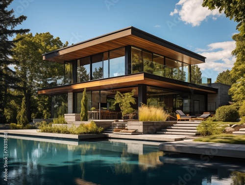 A Modern Home by the Pool Surrounded by Trees on a Sunny Day © P-O-P