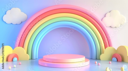 Empty podium in the center   children s background  rainbow color 3D.