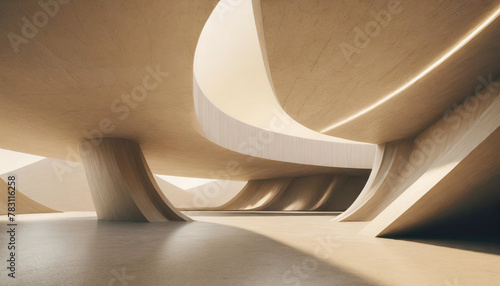 3D render of abstract futuristic architecture with empty concrete floor, product and car presentation background, copy space, Geometric structure design