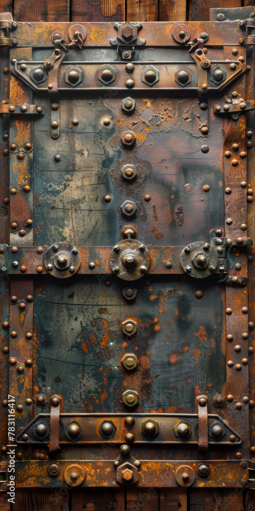 A rusted metal door with many screws and bolts