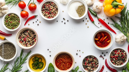 A white background with a variety of spices and vegetables in bowls