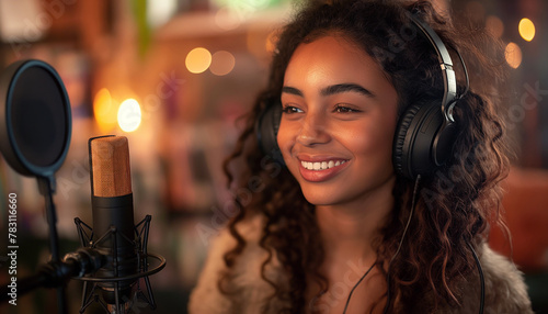 Cheerfully Smiling Woman recording podcast in professional studio setup. Engaging in live streaming session with microphone and headphones. Concept of podcasting and online broadcasting.