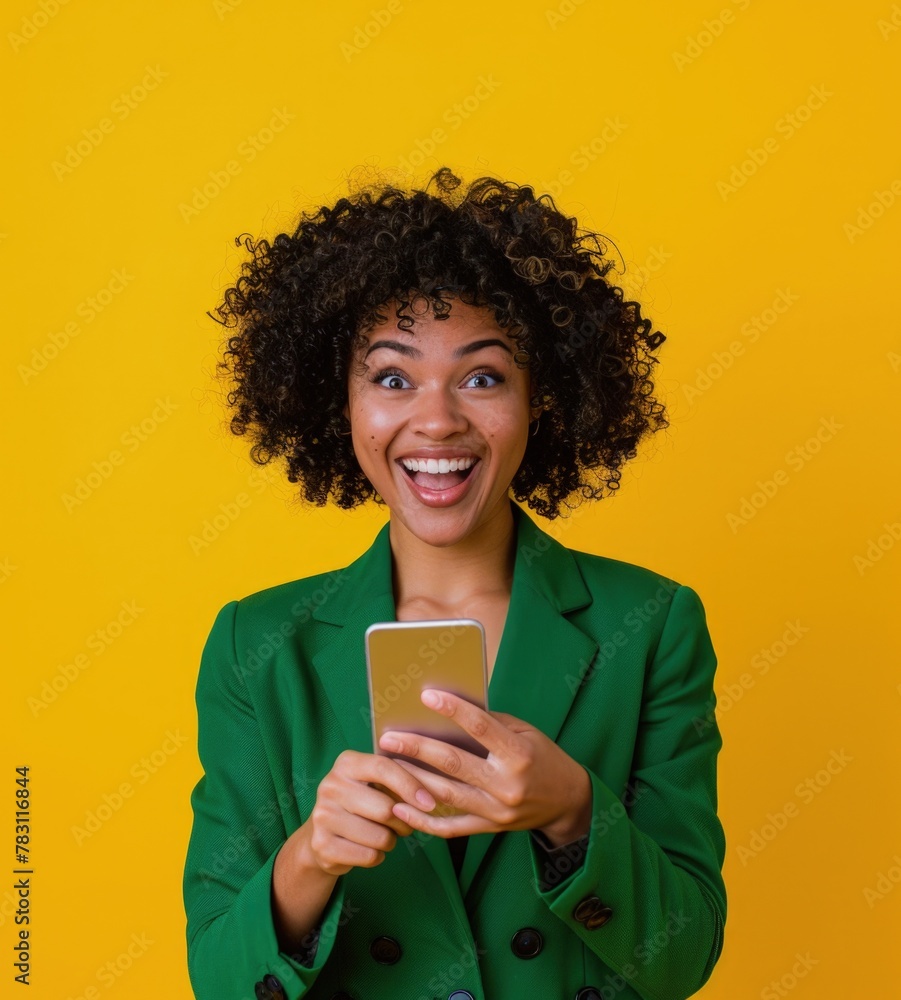 A beautiful woman smiling with curly hair dressed in a green blazer holding a cell phone, concept of technology and communication. A beautiful woman smiling with curly hair dressed in a green blazer holding a cell phone, concept of technology and communication.