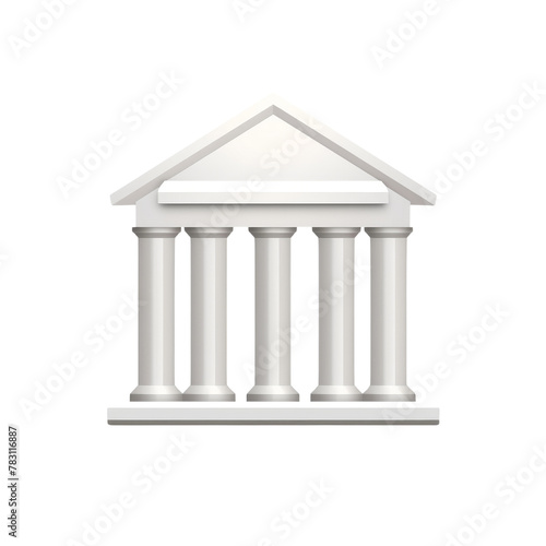 Classic White Roman Columns Building Icon in 3D Minimal Style, Symbolizing Law, Order, and Architecture.