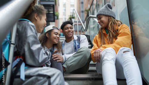 group of young friends enjoys cheerful moment while sitting on urban steps, sharing laughter and camaraderie.Multicultural friends bond joyfully on city stairs, embracing friendship and urban life