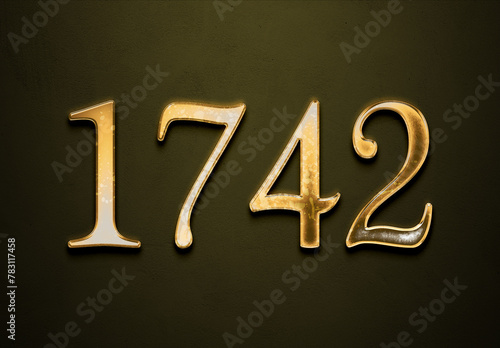 Old gold effect of 1742 number with 3D glossy style Mockup.	