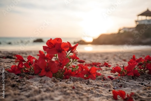 Closeup on red flowers on ground at the Maldives blurred background, valentine, vacation, travel, love concept © Marco