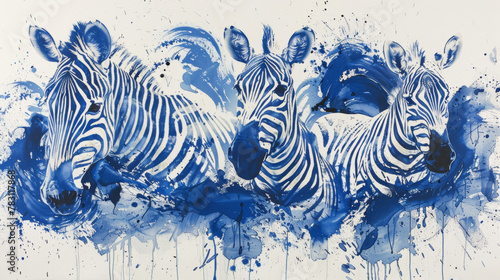 A painting of four zebras in blue and white photo