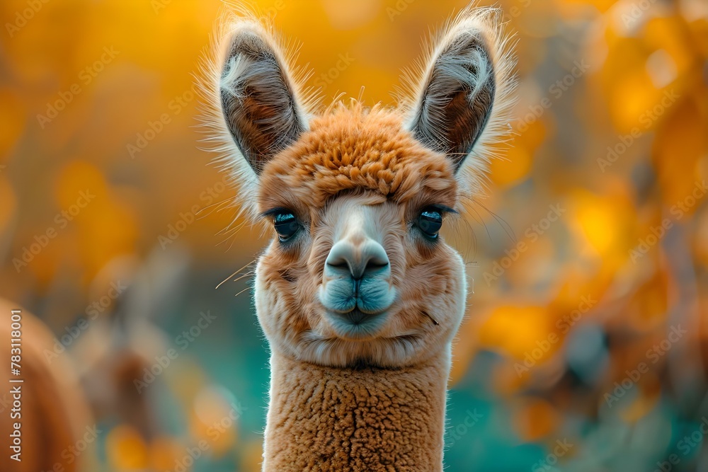Obraz premium Cheerful Alpaca Amongst Autumn Hues. Concept Nature, Wildlife, Alpaca, Autumn, Cheerful