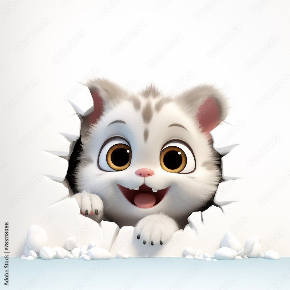 little cute happy kitten, peeking from a frozen snow hole of a wall сreated with Generative Ai