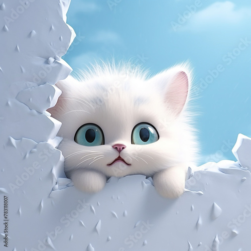 little cute happy kitten, peeking from a frozen snow hole of a wall сreated with Generative Ai photo