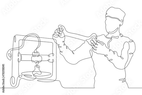 One continuous line.3D printing of bones for human implantation. Bioprinter for printing parts of the human body. The doctor prints the bones on the printer.One continuous line drawn isolated, white b