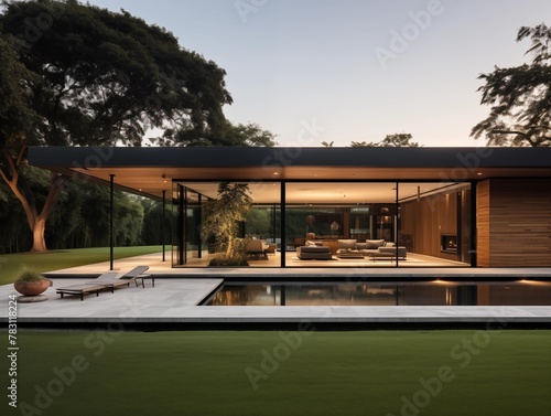 A Serene Evening at a Modern House with Poolside Views © P-O-P