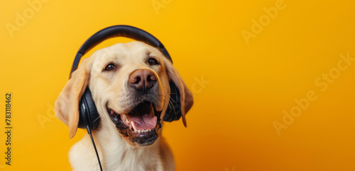 Cute dog wearing big headphones listens to music, sound therapy concept for animals photo
