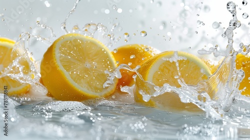 Lemons falling into the water on a white background. Horizontal photo of lemons with splashes of water.