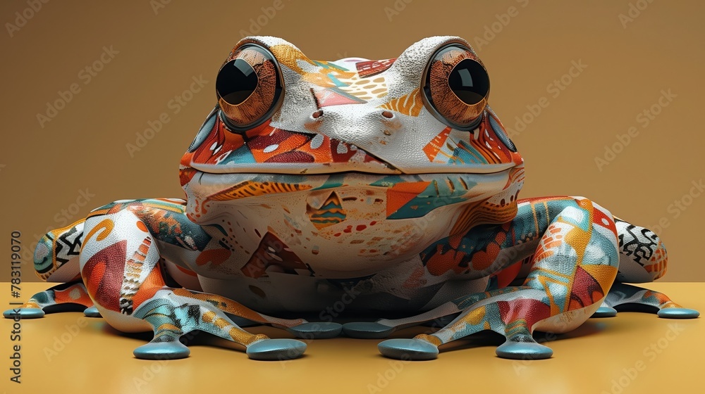 Colorful smart frog in abstract setting: artistic close up portrait of a vibrant frog with intricate patterns against a dynamic dimensional background